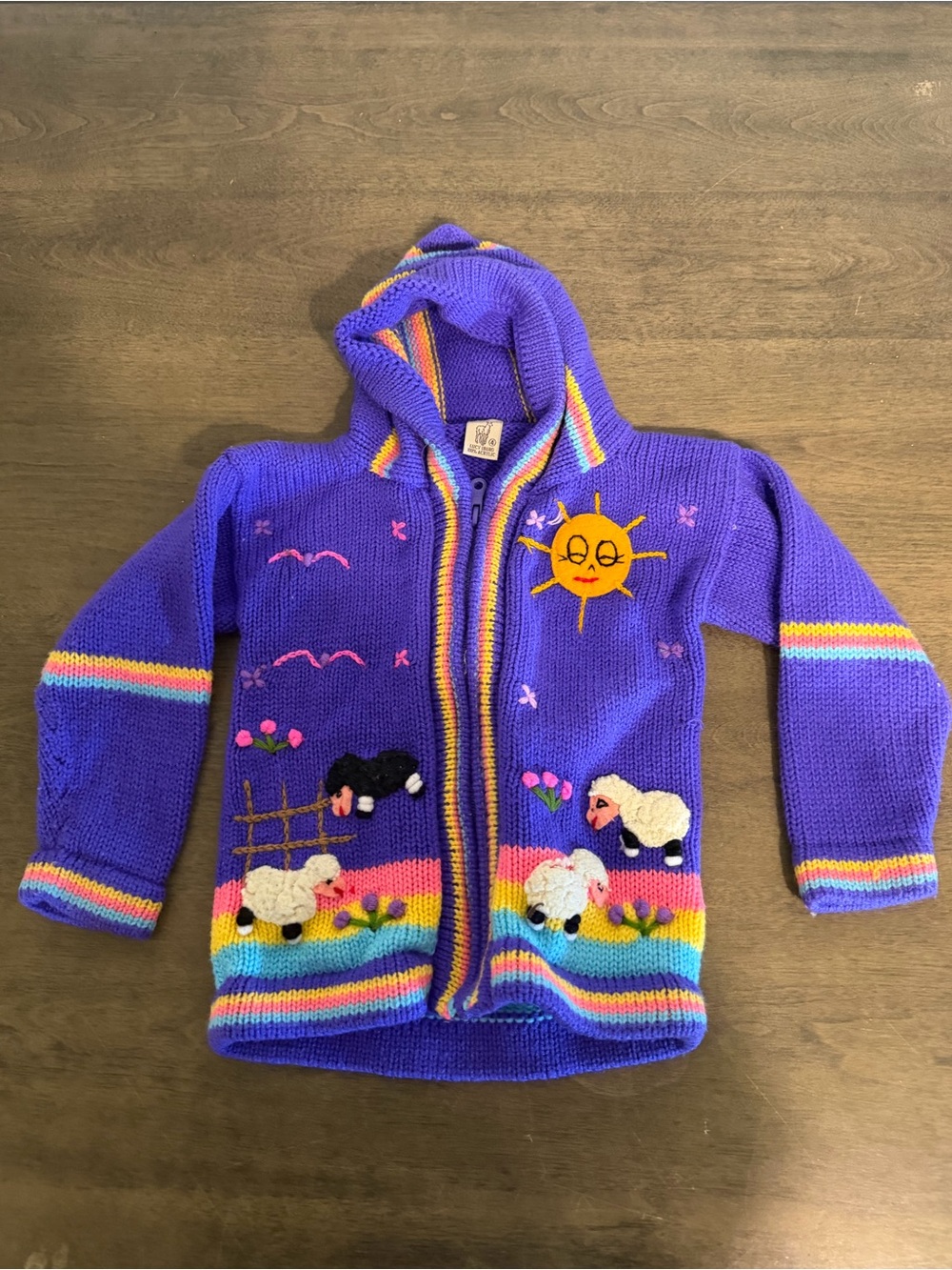 Peruvian Kids Wool Cardigan Hooded Full Zip Multicolor Sleeping Sheep  Size 4